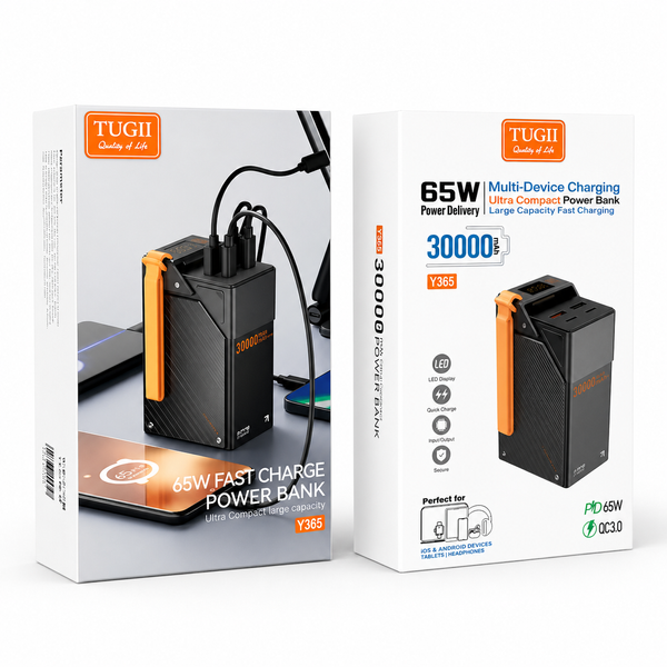 Павербанк 30000 мАг для телефону та ноутбука 65W чорний з 2 USB, 2 Type-C  Y365 фото