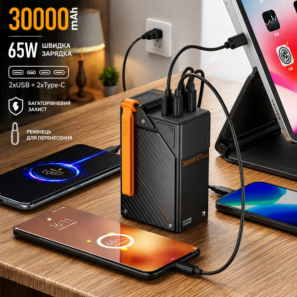 Павербанк 30000 мАг для телефону та ноутбука 65W чорний з 2 USB, 2 Type-C  Y365 фото