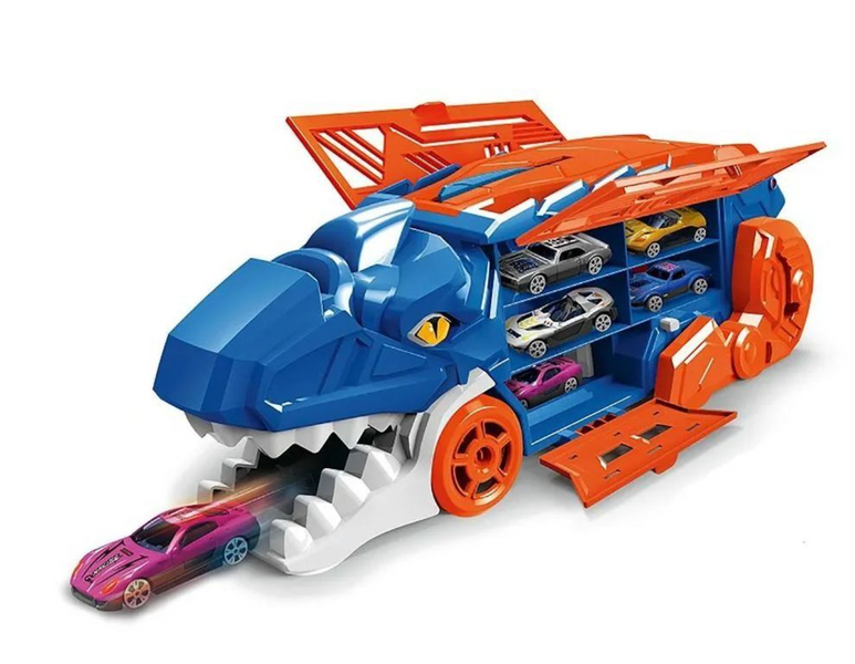 Дитячий автовуз-трансформер Динозавр T-Rex 3 в 1 (660-S118) з катапультою, гоночним треком, гаражем та 2 металевими машинками 660-S118 фото