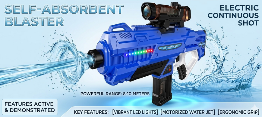 Автоматичний водний пістолет на акумуляторі з підсвіткою та функцією самовсмоктування води, дальність до 10м 172859/172860 фото