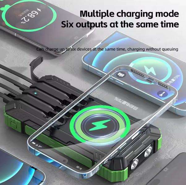 Туристичний Power Bank 50000 mAh: Сонячна панель, бездротова зарядка Qi, Fast Charge 22.5W та 4 вбудовані кабелі SP268 фото