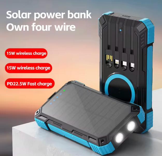 Туристичний Power Bank 50000 mAh: Сонячна панель, бездротова зарядка Qi, Fast Charge 22.5W та 4 вбудовані кабелі SP268 фото