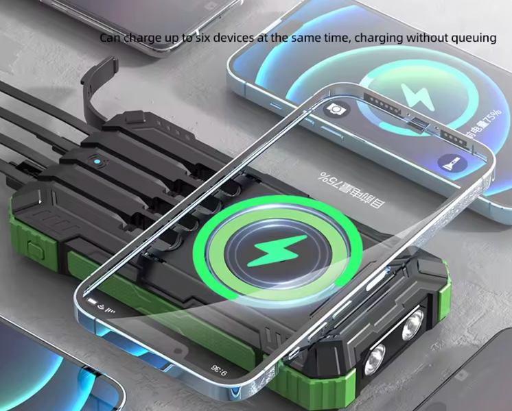 Туристичний Power Bank 50000 mAh: Сонячна панель, бездротова зарядка Qi, Fast Charge 22.5W та 4 вбудовані кабелі SP268 фото
