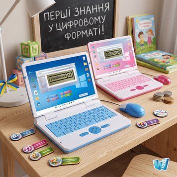 Дитячий інтерактивний навчальний ноутбук знань WToys 73693 блакитний (українська та англійська мови, абетка, казки, пісні, цифри) 200446 фото