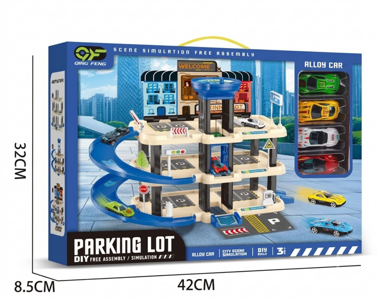Дитячий 3-рівневий трек-паркінг &laquo;Міська стройка / City Parking&raquo; Ding Feng 666-38 з ручним ліфтом, спіральним спуском та 4 металевими машинками 666-38 фото