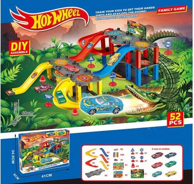 Игровой трек Hot Wheel 3-этажный с парковкой, 2 машинки, дорожные знаки, 52 элемента, 68 см 166070 фото