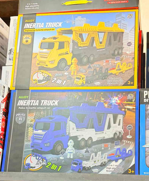 Дитячий поліцейський трейлер-автовоз 2 в 1 Alloy Inertia Truck із розкладним гоночним треком (78 см), інерційним механізмом та металевими машинками (Синій / Жовтий) 755D-756 фото