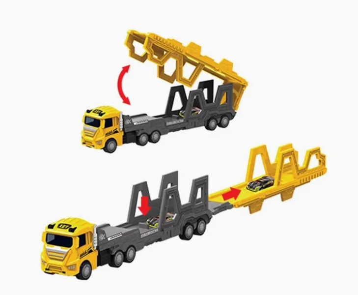 Дитячий поліцейський трейлер-автовоз 2 в 1 Alloy Inertia Truck із розкладним гоночним треком (78 см), інерційним механізмом та металевими машинками (Синій / Жовтий) 755D-756 фото