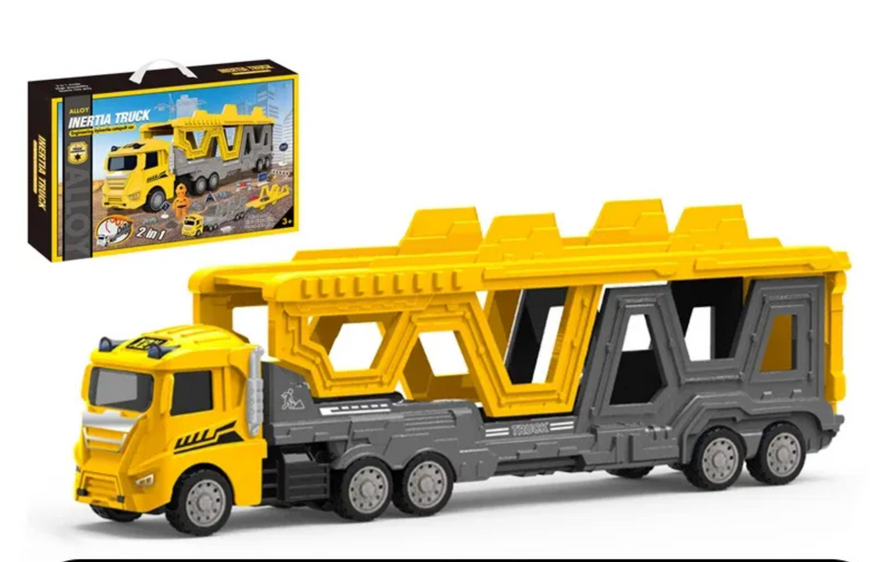 Дитячий поліцейський трейлер-автовоз 2 в 1 Alloy Inertia Truck із розкладним гоночним треком (78 см), інерційним механізмом та металевими машинками (Синій / Жовтий) 755D-756 фото