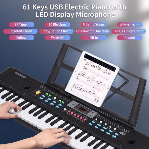 Детский электронный синтезатор USB и FM-радио на 61 клавишу, музыкальный инструмент с микрофоном, функцией записи, в коробке MQ022-23UF фото