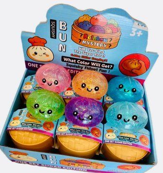 Дитяча іграшка-антистрес Сквиш Пельмень Бао 10 см Glitter Dumpling, усміхнений м'який сквиш із блискітками в індивідуальній коробочці-пароварці 555-5 фото