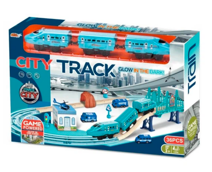 Дитяча залізниця City Track (36 елементів) з моторизованим потягом, вагонами, мостом, музикою та 5 машинками (116х52 см) 4161В-4153В фото